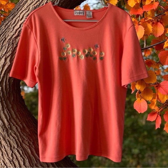 Embroidered Sunflower & Bee Tee Peachy Orange | XL | Vintage Y2K | ZENA - Picture 2 of 6